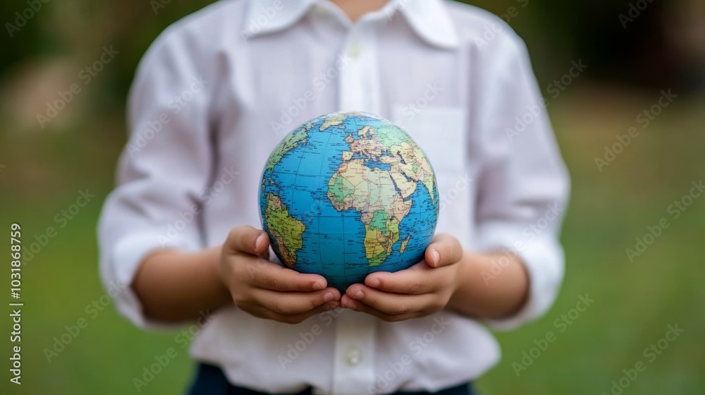 Child holding a globe in both hands, symbolizing global unity and a bright future for Universal Children’s Day Child holding a globe in both hands, symbolizing global unity and a bright future for Universal Children’s Day