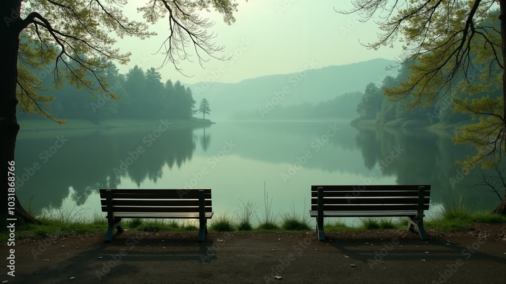 Nature's Serenity: A Row of Benches by a Remote Lake for Peaceful Reflection and Connection Nature's Serenity: A Row of Benches by a Remote Lake for Peaceful Reflection and Connection