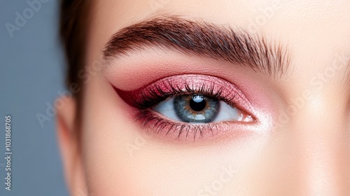 Close-up of a model's eye with sleek, bold burgundy eyeliner perfectly winged, contrasting against soft, neutral eyeshadow, creating a chic and elegant look 