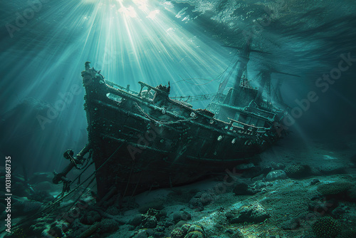 Underwater view of an sunken ship on seabed with fish swimming around
