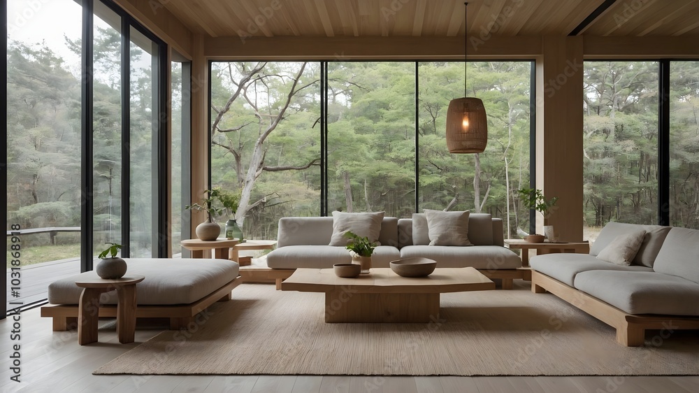 AI-Generated Image of a Japandi-Style Modern Minimalist Living Room with Large Floor-to-Ceiling Windows AI-Generated Image of a Japandi-Style Modern Minimalist Living Room with Large Floor-to-Ceiling Windows