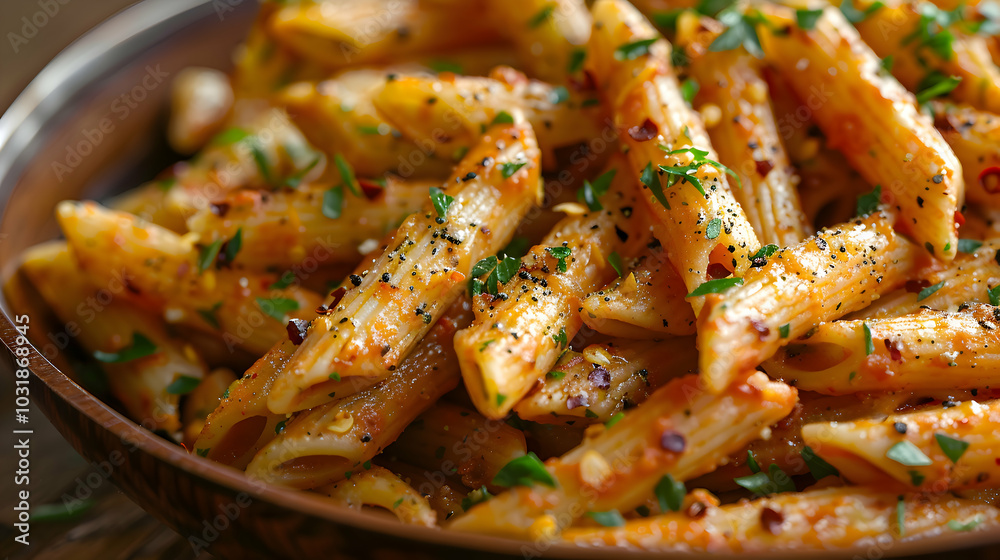 A close-up of penne arrabbiata with crushed red pepper flakes and fresh parsley