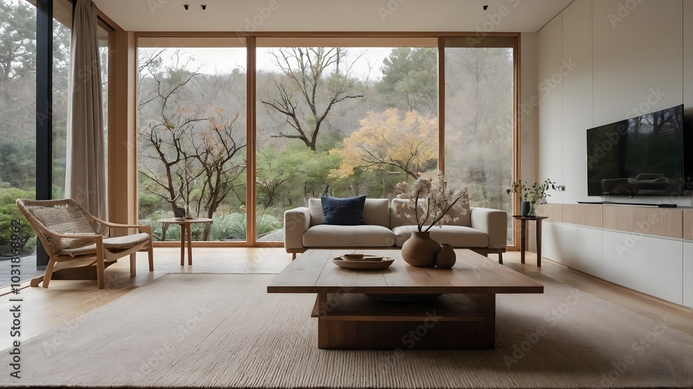 AI-Generated Image of a Japandi-Style Modern Minimalist Living Room with Large Floor-to-Ceiling Windows AI-Generated Image of a Japandi-Style Modern Minimalist Living Room with Large Floor-to-Ceiling Windows
