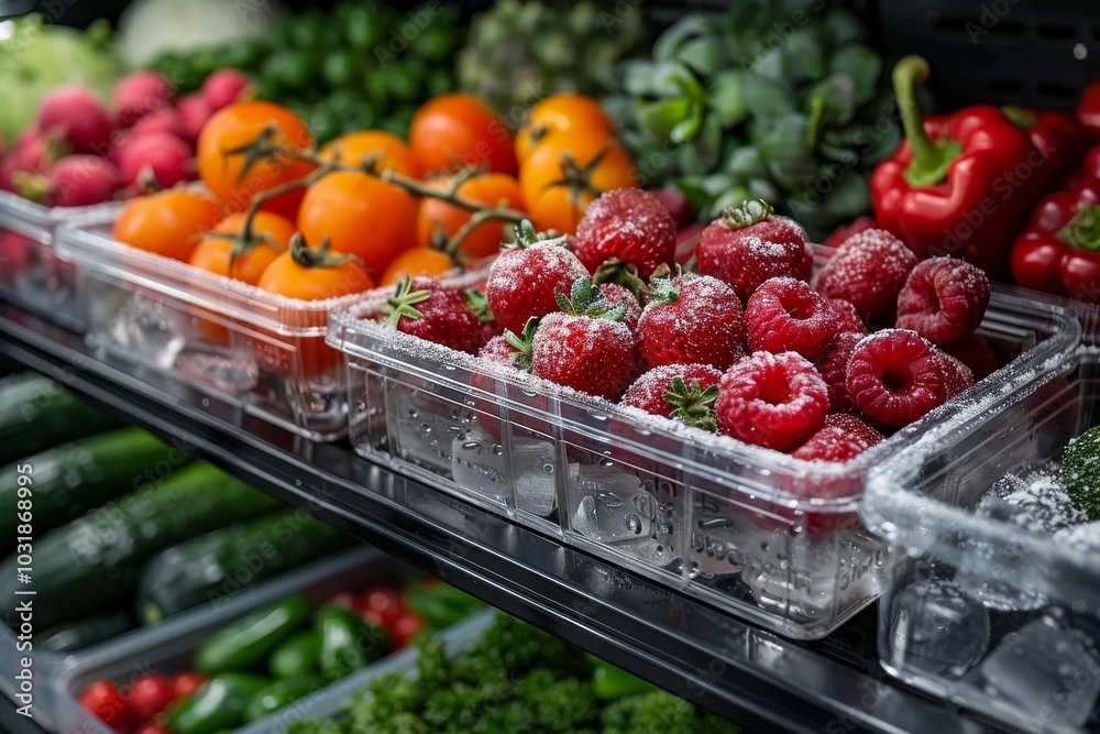 Fresh produce assortment featuring raspberries, oranges, and vegetables in a grocery store display during daytime Fresh produce assortment featuring raspberries, oranges, and vegetables in a grocery store display during daytime