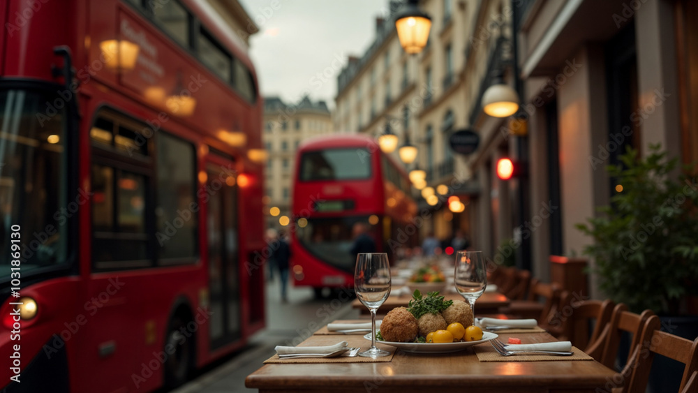 A Lively Urban Scene of Double-Decker Buses Moving Along an Outdoor Dining Table A Lively Urban Scene of Double-Decker Buses Moving Along an Outdoor Dining Table