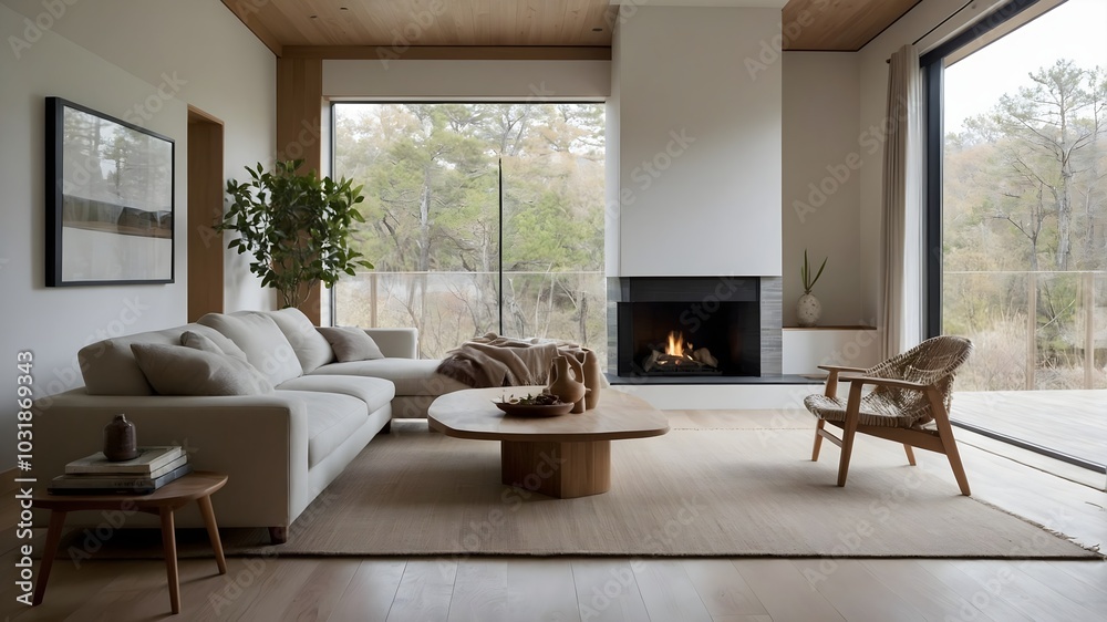 AI-Generated Image of a Japandi-Style Modern Minimalist Living Room with Large Floor-to-Ceiling Windows AI-Generated Image of a Japandi-Style Modern Minimalist Living Room with Large Floor-to-Ceiling Windows