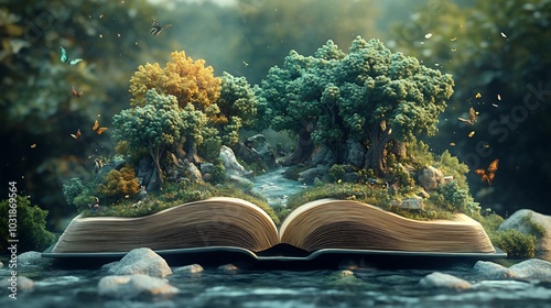 Charming 3D scene for World Book Day showing an open book with a magical landscape unfolding inside complete with trees and creatures and ample copy space for text to inspire readers