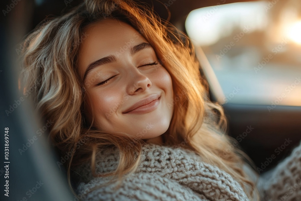 Happy woman leaning on steering wheel, sitting in her own new automobile and smiling with eyes closed, enjoy car, Generative AI Happy woman leaning on steering wheel, sitting in her own new automobile and smiling with eyes closed, enjoy car, Generative AI