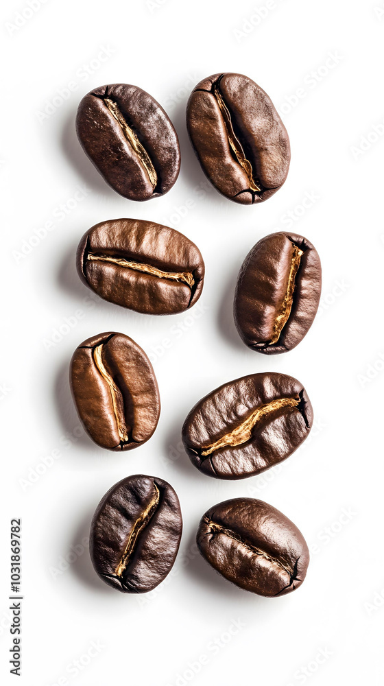 Roasted arabica coffee beans on a clean white surface, showcasing rich textures and deep brown hues, inviting aromatic experience.