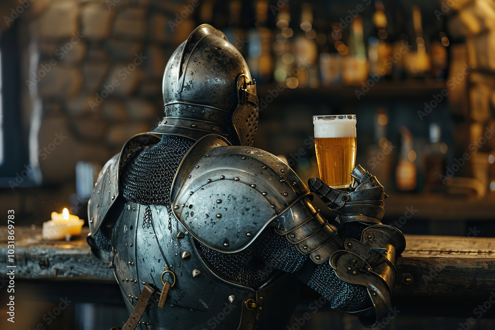 A fantastic royal knight in armor drinks beer at a local bar A fantastic royal knight in armor drinks beer at a local bar