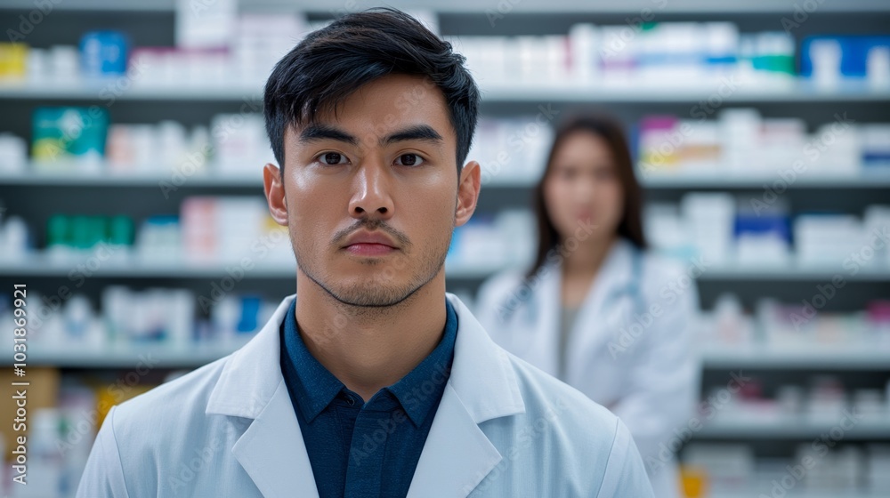 A modern pharmacy counter with rows of neatly organized medication bottles behind the pharmacist, who is preparing to consult a patient, creating a professional healthcare environment A modern pharmacy counter with rows of neatly organized medication bottles behind the pharmacist, who is preparing to consult a patient, creating a professional healthcare environment
