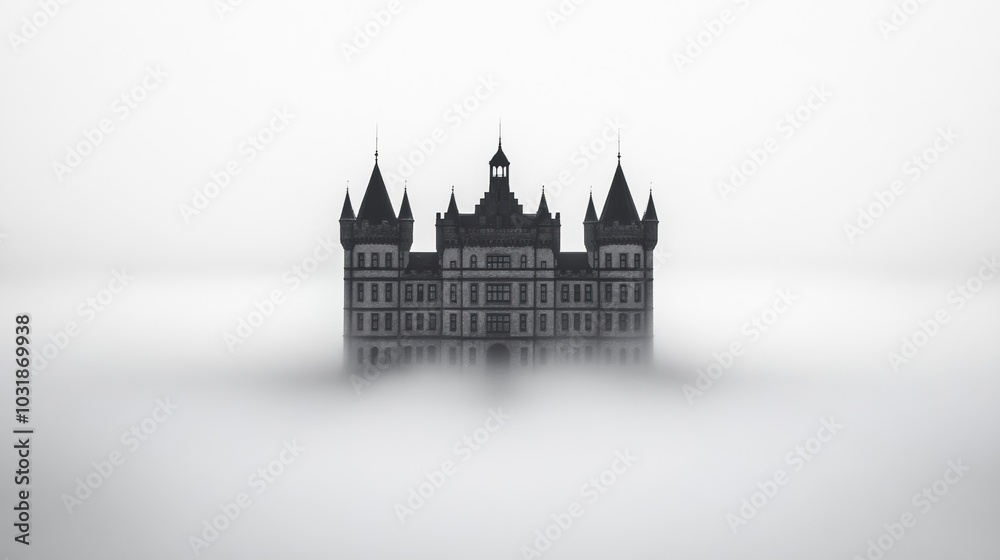 A medieval castle shrouded in fog, with only its towers and turrets piercing through the mist, creating a haunting and dramatic landscape 