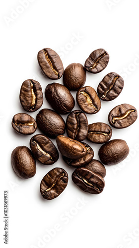 Roasted arabica coffee beans on a clean white backdrop, showcasing rich texture and deep color for an inviting coffee experience