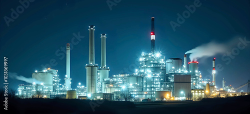 Wallpaper Mural Panoramic night view of an electric power station with bright lights illuminating its towers, pipes, and machinery. The dark, starry sky adds depth to the scene. Torontodigital.ca