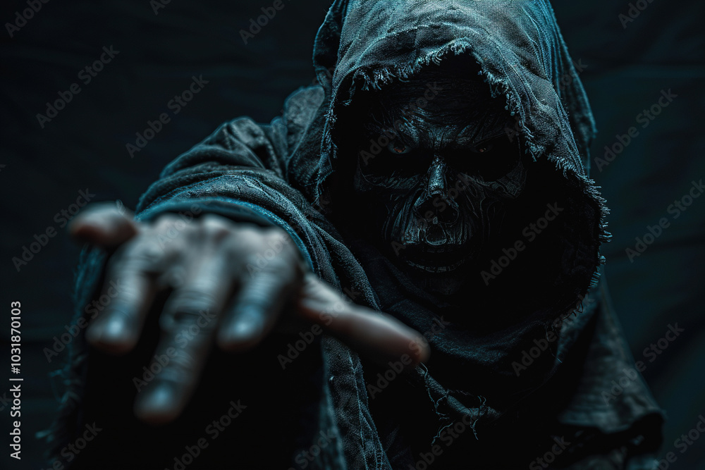 Scary grim reaper with sharp scythe in hell with dramatic background Scary grim reaper with sharp scythe in hell with dramatic background