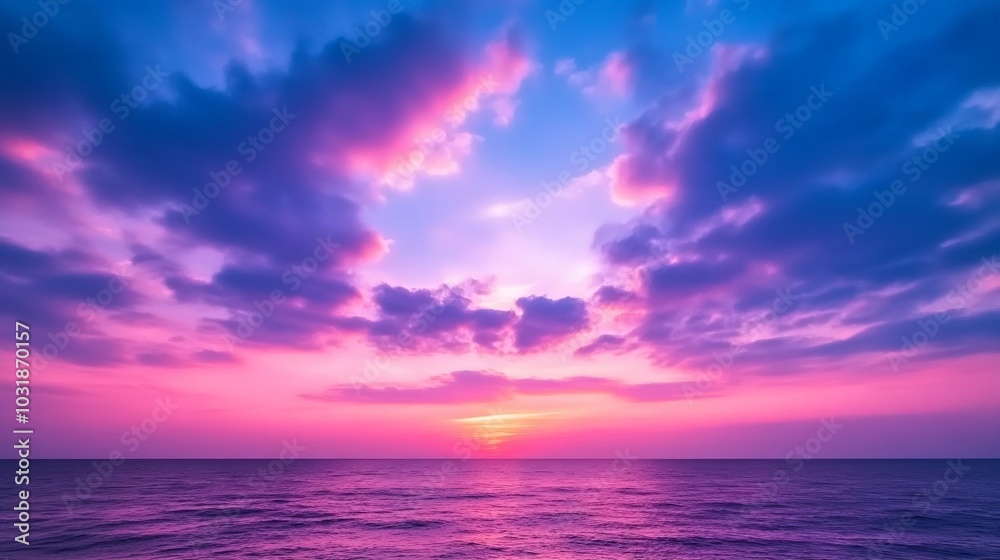 Obraz premium A glowing sunset sky painted in shades of purple and burgundy, with soft clouds reflecting the rich colors, creating a romantic and moody atmosphere 