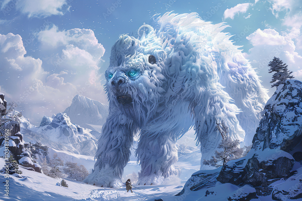 Huge fantasy yeti character in beautiful outdoor nature background Huge fantasy yeti character in beautiful outdoor nature background