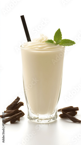 Vanilla Smoothie Delight, a tall glass brimming with creamy white vanilla goodness, set against a clean white backdrop for a refreshing look