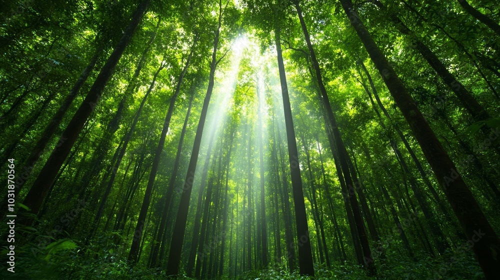 Fototapeta premium A dense, misty forest with towering trees covered in rich forest green foliage, sunlight filtering softly through the leaves, creating a serene and peaceful atmosphere 