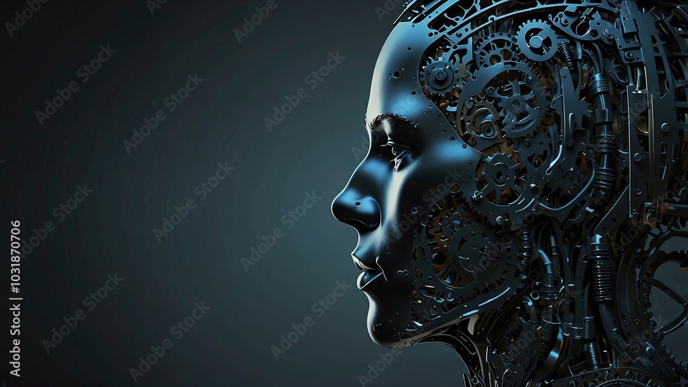 Female robot head with visible gears in cyberpunk style on dark background Female robot head with visible gears in cyberpunk style on dark background