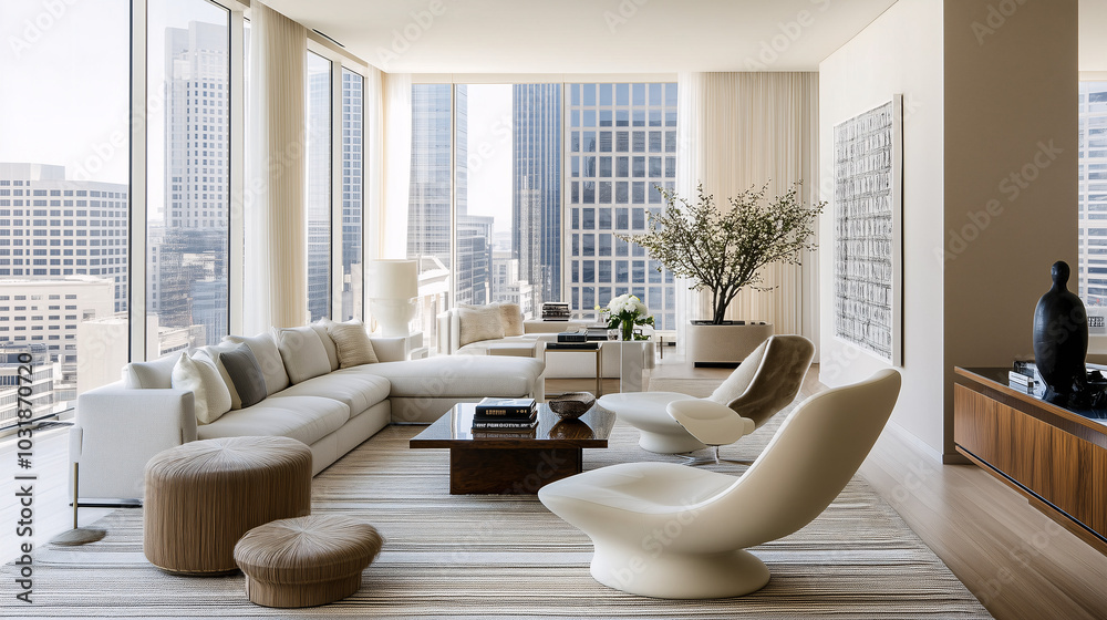 Sleek minimalist living area with a statement chair, a simple geometric rug, and towering floor-to-ceiling windows Sleek minimalist living area with a statement chair, a simple geometric rug, and towering floor-to-ceiling windows