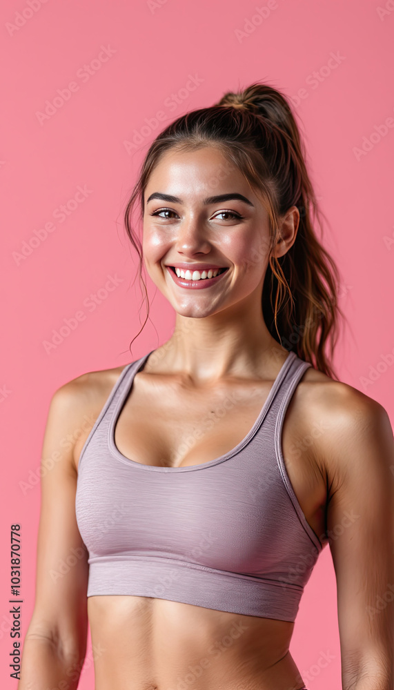 Smiling young fitness model in sportswear doing exercise, pastel pink background Smiling young fitness model in sportswear doing exercise, pastel pink background