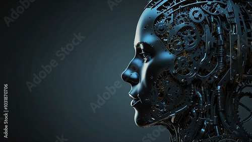 Female robot head with visible gears in cyberpunk style on dark background