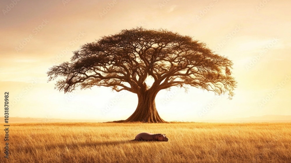 Fototapeta premium Majestic sunset over a serene landscape featuring a lush tree and a resting hippopotamus in a golden field