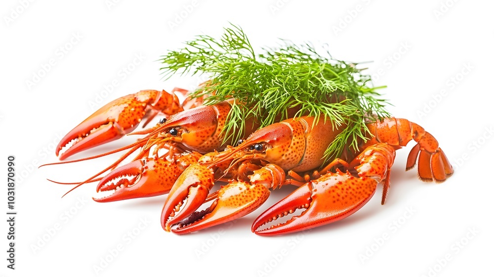 Boiled crayfish with dill isolated on white background. Boiled crayfish with dill isolated on white background.