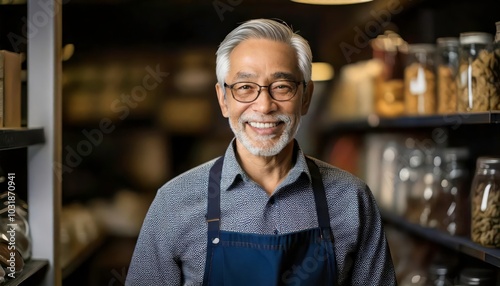 Fototapeta Naklejka Na Ścianę i Meble -  portrait of a happy elder man in his small store, A gray hair owner male in small business