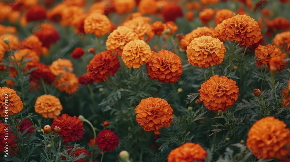 A field of vibrant Thai marigolds in full bloom under a clear sky, with intricate petal details. A field of vibrant Thai marigolds in full bloom under a clear sky, with intricate petal details.