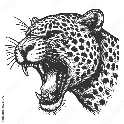 leaping leopard, roaring with fierce expression and sharp teeth. Tattoo design symbolizing power and aggression sketch engraving generative ai vector illustration. Black and white image.