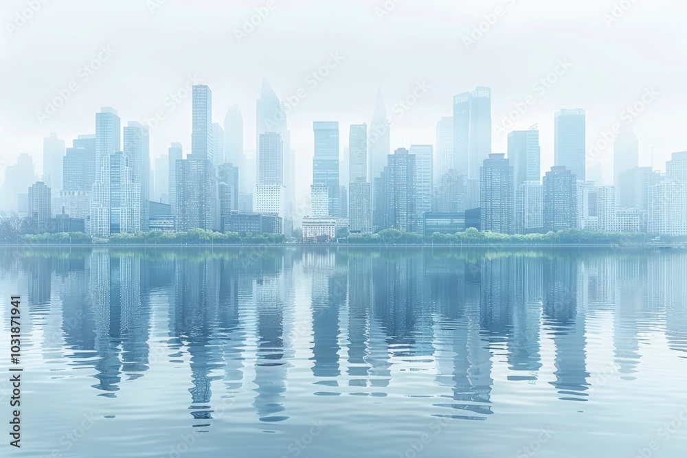 Naklejka premium City skyline reflection at dawn with mist hovering over water and buildings creating a serene atmosphere in a modern urban landscape