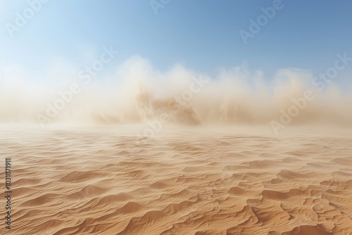 Dust storm sweeping across the desert landscape during bright daylight, creating dramatic patterns in the sand and obscuring visibility photo