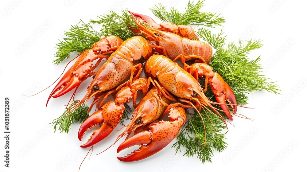 Boiled crayfish with dill isolated on white background. Boiled crayfish with dill isolated on white background.