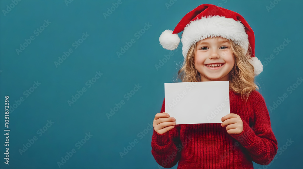 Happy child wearing a Santa hat and red sweater holding a blank card in front of a blue background Happy child wearing a Santa hat and red sweater holding a blank card in front of a blue background