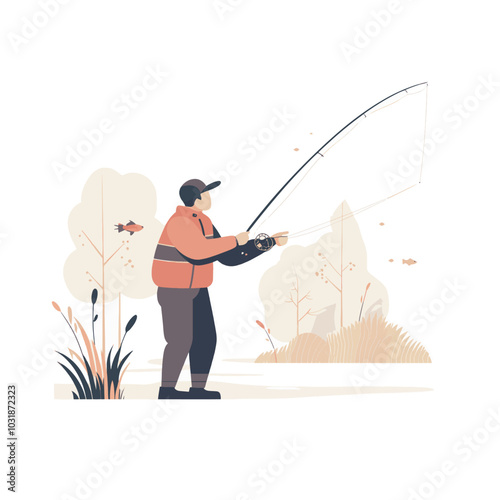 fishermen or anglers who fish at a pier in a river using a rod, reel and net