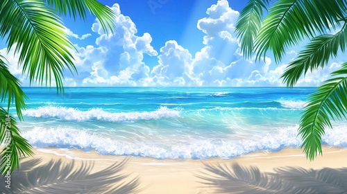 Serene Tropical Beach Scene with Lush Blue Sky