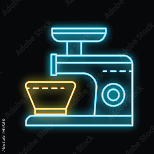 Bright glowing neon icon of a meat grinder processing food, a colorful and eye catching design element