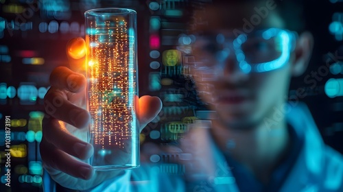 Scientist Holding Glowing Vial of Liquid DNA with Flowing Binary Code Data Storage Concept