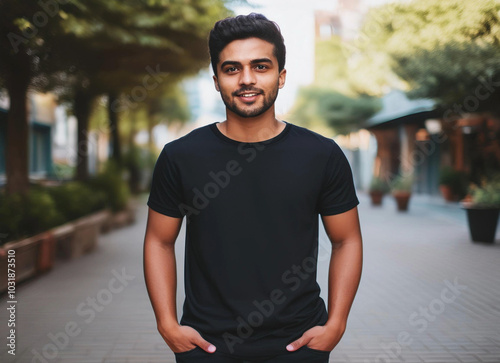 A bearded young man wearing a black t-shirt with his hands in his pockets stands in the outdoor. Mockup design for black t-shirt. 