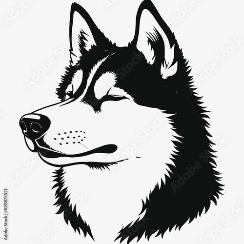  a black and white illustration of a dog's head. The dog appears to be a Siberian Husky, with a pointed snout and pointed ears
