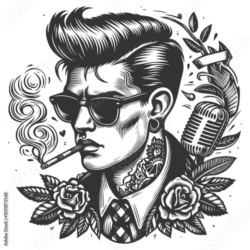 man with slicked-back hair, sunglasses, tattoos, and a cigarette, evoking rockabilly vibes sketch engraving generative ai vector illustration. Scratch board imitation. Black and white image.