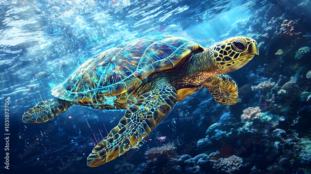 Fototapeta premium Virtual Aquatic Adventure A Digital Turtle Explores an Underwater World of Puzzles and Treasures