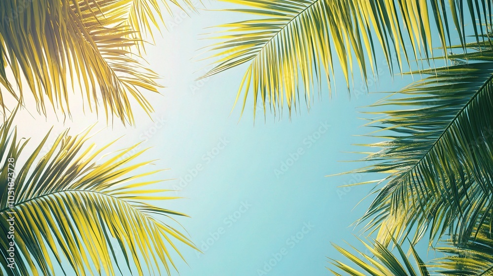 Bright Green Palm Leaves Against Clear Blue Sky Bright Green Palm Leaves Against Clear Blue Sky