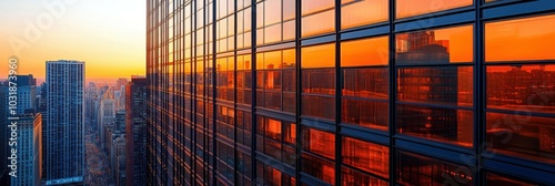 A detailed close-up of a high-rise building with geometric patterns in its glass windows, catching the light of the setting sun, with ample blank copy space on the right side of the frame photo