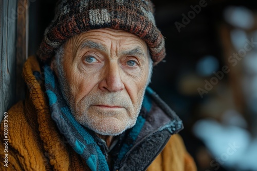 An older man wearing a hat and scarf stands on a snowy street. He looks sad and lonely