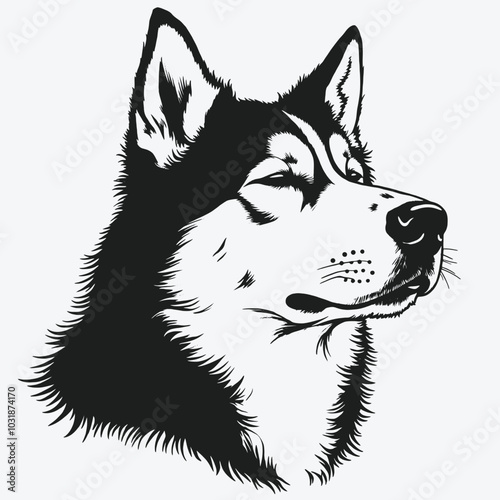  a black and white illustration of a dog's head. The dog appears to be a Siberian Husky, with a pointed snout and pointed ears