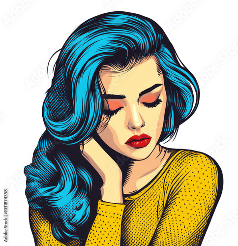 A pop art illustration of an elegant woman with long blue hair, wearing a yellow top and red lipstick, is lost in thought, her head resting on one hand.