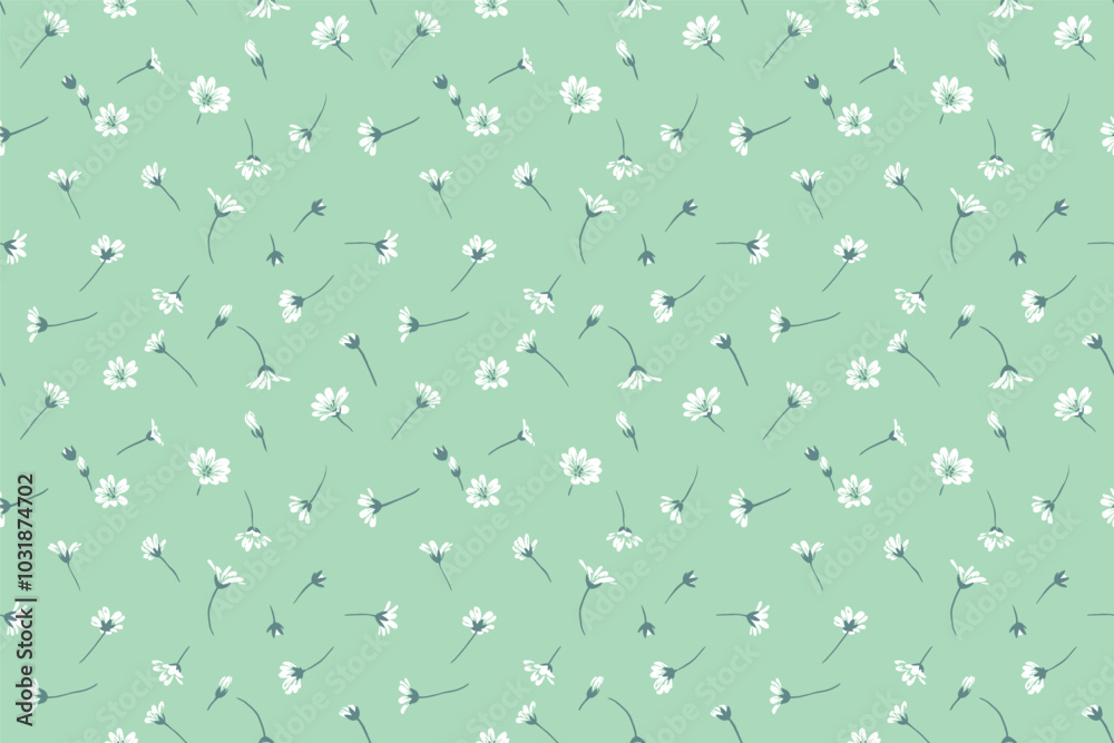 Pastel mint green seamless pattern with scattered randomly tiny flowers and small buds. Abstract artistic wild floral print. Vector hand drawing sketch. Design for fashion, fabric, textiles Pastel mint green seamless pattern with scattered randomly tiny flowers and small buds. Abstract artistic wild floral print. Vector hand drawing sketch. Design for fashion, fabric, textiles